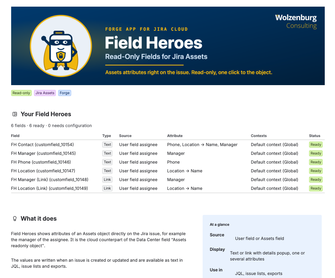 Field Heroes admin page listing all fields with type, source, attributes, context and status