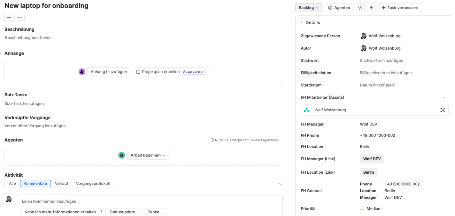 Jira issue view with Field Heroes fields showing values from Assets as text, as link fields and as a multi-attribute field